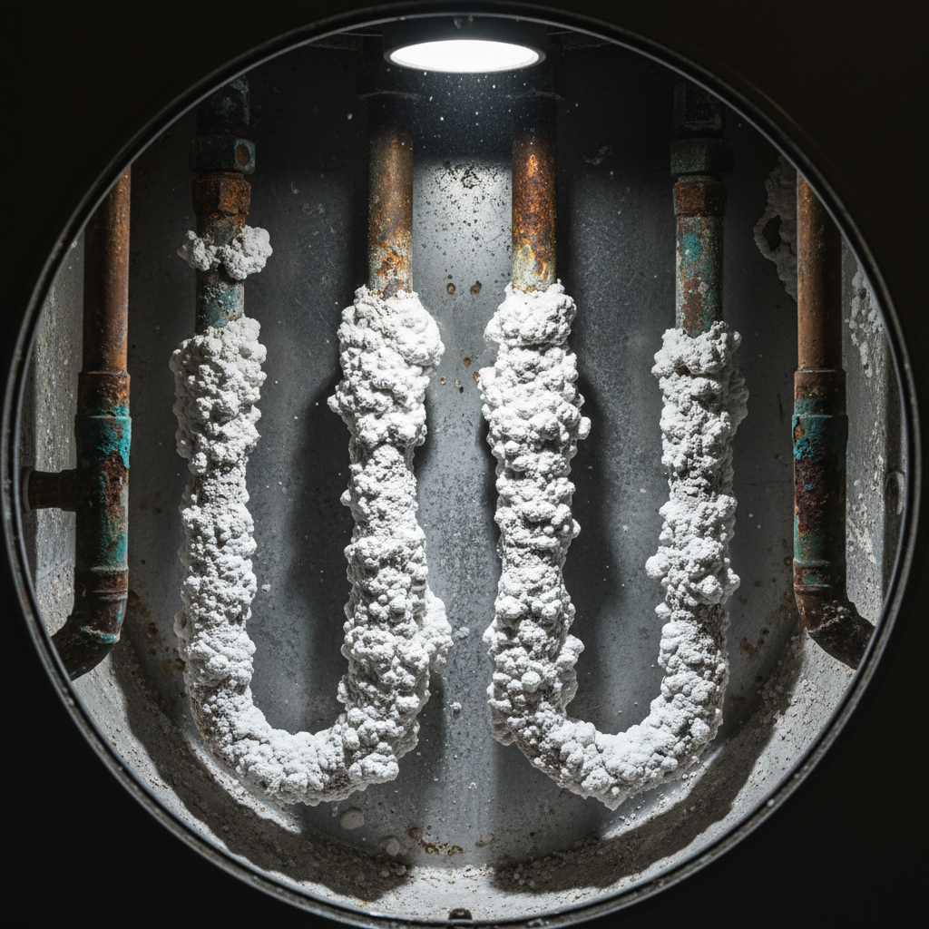 Scale buildup inside water heater from hard water damage