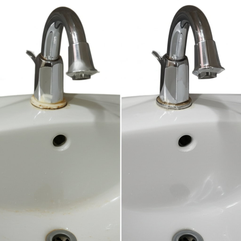 Bathroom fixture comparison showing hard water stains vs clean fixture